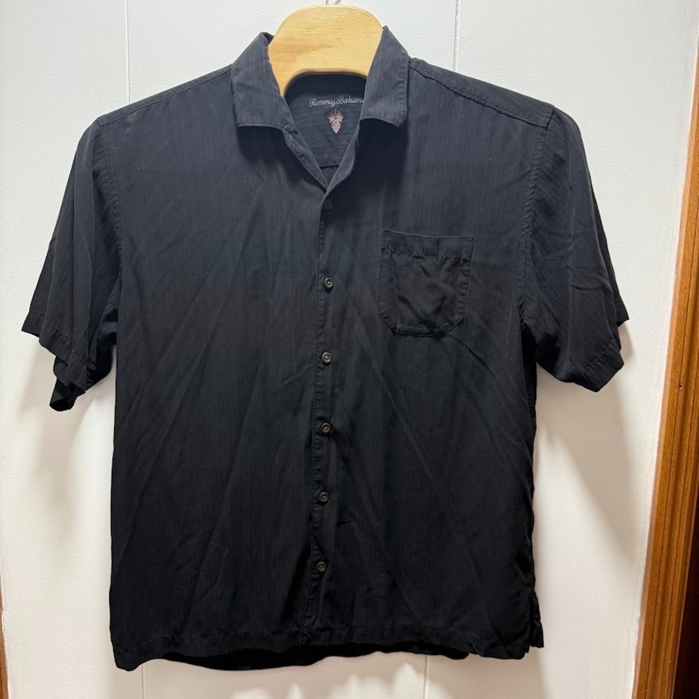 Tommy Bahama Mens XL Black 100% Silk Short Sleeve Button Down Camp Shirt Stripe